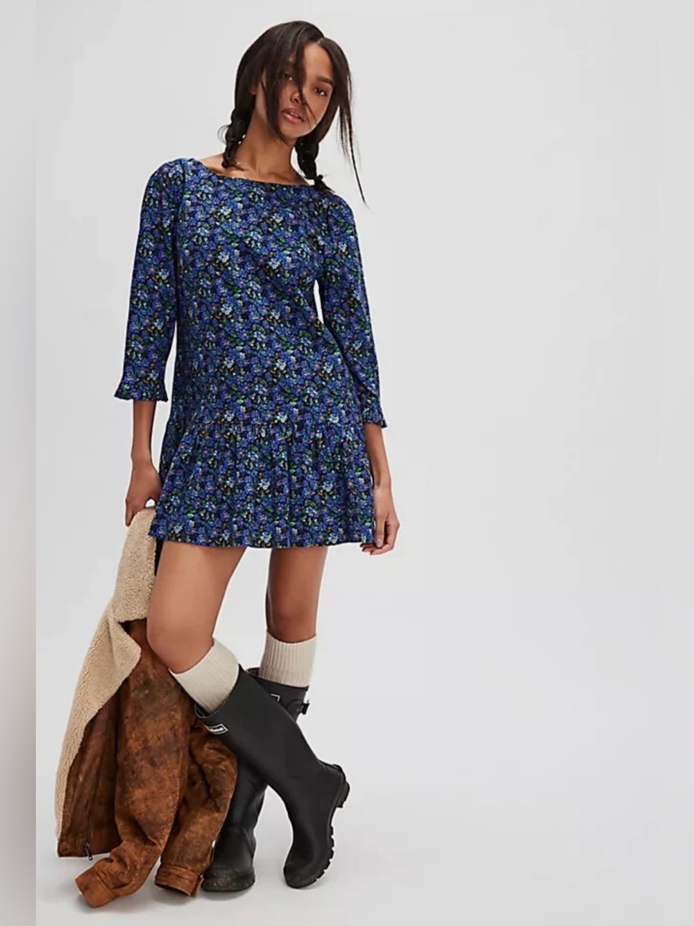 NWT Free People The Avenue Mini Dress Blue Printed Floral Ruffle